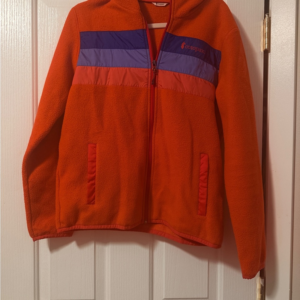 Cotopaxi Vibrant Orange Hooded Fleece Jacket with Purple and Red Accents
